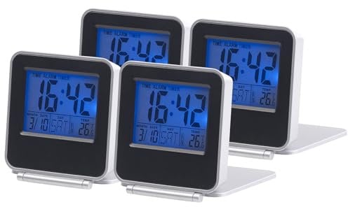 PEARL Wecker mit Thermometer: 4er-Set kompakte Digital-Reisewecker mit Thermometer, Kalender & Timer (Wecker mit Timer, mit Raum)