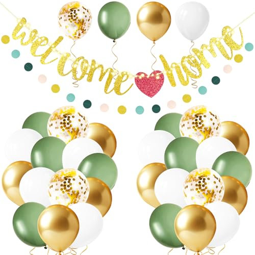 CoKeeSun Willkommen Zuhause Deko, Welcome Home Baby, Herzlich Willkommen Girlande Ballon Schild Set, Willkommen Zurück Banner Grün Gold Luftballons für Einweihung Party,Zuhause, Geburt,Fest