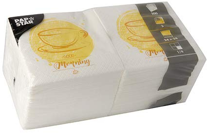 PAPSTAR 200 Servietten, 3-lagig 1/4-Falz 24 cm x 24 cm Good Morning | Folie (200 Stück)