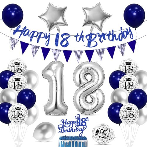 Cadimus 18. Geburtstag Deko,Happy Birthday Ballon Dekoration,18 Geburtstag Blau Silber Luftballons,Happy Birthday Folienballon 18, 18 Jahre Männer Frauen Party Deko