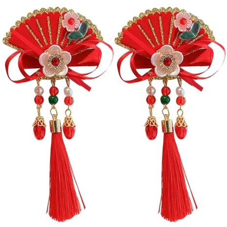 Genérico - Accessoires Pour Cheveux Rouges Pour Filles, Accessoires Pour Cheveux Du Nouvel An Chinois, Nœuds En Fourrure Rouge Avec Pompons, Pince À Cheveux Chinoise