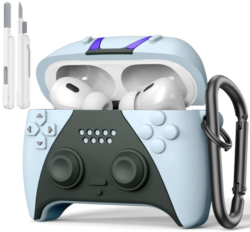 VISOOM Kompatibel mit Airpods Pro 2 Hülle, Silikon Weiches Stoßfest Cute Funny 3D-Spielcontroller-Design Schutzhülle für Airpods Pro 2 Case mit Karabiner Reinigungsset, LightGray-Weiß
