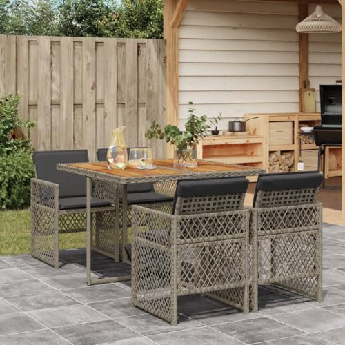 IKAYAA Polyrattan Gartenmöbel Set für 4 Personen, Garten Sitzgruppe, Essgruppe, Gartengarnitur, Rattan Sitzgarnitur, Gartentisch mit 4 Stühle & Kissen Grau