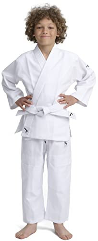 IPPONGEAR Beginner 2 - Traje de judo para niños, incluye cinturón (equipo de la selección alemana, goma elástica y cintura con cordones en el pantalón, densidad de tela de 190 gr/m²), color blanco