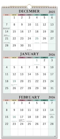 Wandkalender 2026 - 3-Monats-Wandkalender 2026 von Januar 2026 bis Dezember 2026, 3-Monatskalender 2026 vertikal mit dickem Papier, Kalender 2026, 28,7 x 66,0 cm (geöffnet)