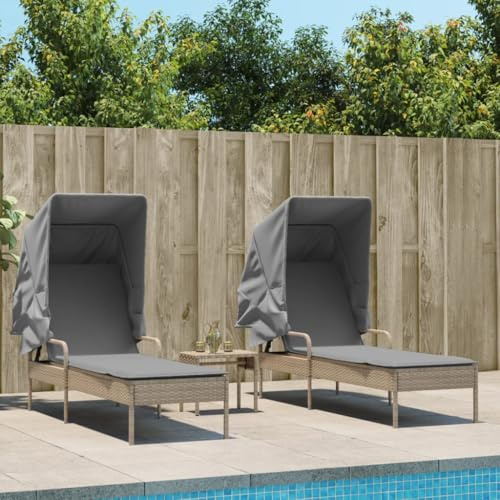 Holamys 2er-Set Beige Poly Rattan Sonnenliegen mit verstellbarem Dach und kleinem Tisch, ideal für Terrasse, Pool und Gartenbereich