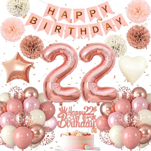 22.Geburtstag Dekoration,22 geburtstag Frau Rosa Rosegold,Geburtstagsdeko 22 jahre Frau,Luftballons 22.geburtstag Happy Birthday Girland Ballon 22 Deko zum Geburtstags,Geburtstagsdeko 22 Jahre