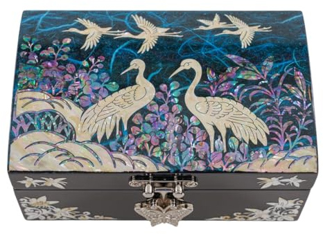 February Mountain Mother of Pearl Small Jewelry Box with mirror lid, Jewelry Storage Organizer for Earring, Necklace, Rings, Bracelet & Accessories, Gifts for women who have everything (Crane_Blue)
