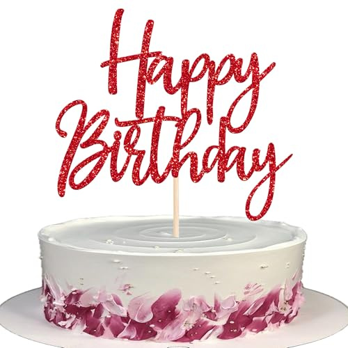 SYKYCTCY 1 Pack Happy Birthday Cake Topper Glitter Happy Birthday Cake Pick for Celebrating Birthday Anniversary Party Cake Decorations Supplies (Red)