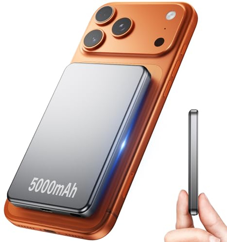 RWSRW MiniMag Ultra Slim Powerbank,5000 mAh Mini Wireless Power Bank mit PD 22.5 W Schnellladung, 15W Wireless Portable Charger Kompatibel mit iPhone 16/15/14/13 Plus/Pro/Pro Max-Silber Schwarz