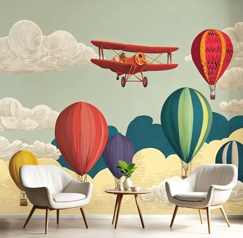 Fototapete 3D Wandbild mit Heißluftballon Flugzeug Muster, ‎150x105cm (B×H) Moderne Schlafzimmer Wanddeko für Junge Mädchen, Wohnzimmer Büro Flur Zeichentrick Fototapete, Beige