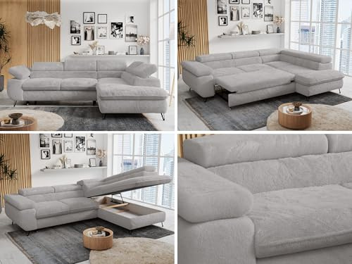 MKS MEBLE Ecksofa Wohnlandschaft L-Form mit Schlaffunktion und Bettkasten, Schlafsofa mit Bettkasten, Sofa mit Einstellbare Kopfstützen, Peter L - Plüsch - Rechts Hellgrau (mit Topper T25)
