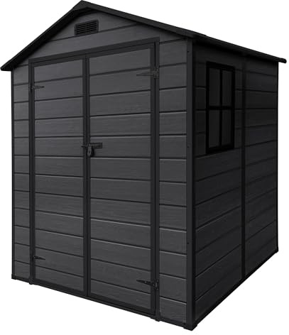 ECD Germany Casetta da Giardino 5 m³ in Plastica con Pavimento e Tetto a Due Falde, 151x182x220 cm Grigio Scuro, Capannone da Esterno Impermeabile con Doppie Porte, Finestra, Capanno per Attrezzi