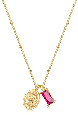 Turandoss Personalisierte Geburtsstein Kette Gold Damen - 14K Vergoldet Kette mit Gravur Geburtsblume Anhänger Halskette mit Geburtsstein Anhänger Geburtstag Geschenk für Frauen Mädchen