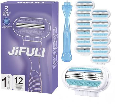 JiFULI Rasierer Damen, wiederverwendbarer Griff, 12 original Ersatzpatronen mit 3 Klingen,Rasierer Damen Intimbereich Intim Frau Intimzone Intimrasierer Für Frauen (Blau)