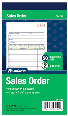 Adams Sales Order Book, 2-Part, Carbonless, White/Canary, 4-3/16 x 7-3/16 Inches, 50 Sets per Book (DC4705)