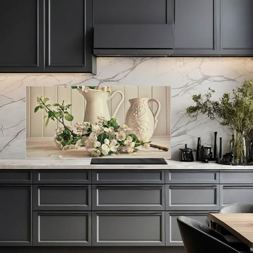 banjado Küchenrückwand Glas ohne Bohren 120x60cm – Glasrückwand Küche mit Motiv Kirschblüten/Spritzschutz Küchenrückwand Glas/selbstklebende Küchenrückwand Platte - magnetisch & beschreibbar