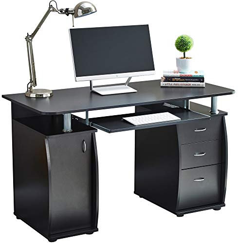 RayGar Black Deluxe Design Computer Desk With Cabinet and 3 Drawers For Home Office Table Workstation - New (Black)
