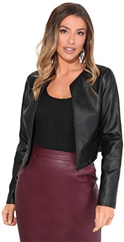 KRISP Faux Leather Jacket for Women Cropped Open Style All Occasion PU Blazer (UK, Alpha, M, Regular, Regular, Black)