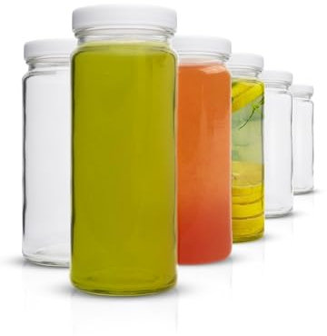 Klarglas-Wasserflaschen-Set, 6 Stück, breite Öffnung mit Deckel für Saft, Smoothies, Getränkeaufbewahrung – 473 ml, langlebig, spülmaschinenfest, auslaufsicher