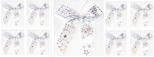 CaPiSo 12 Stück Schleifen 14x16 cm Geschenkschleife Weihnachtsbaum Schleife Weihnachten Satinschleife Satin Weihnachtsdekoration Adventsgesteck (Satin Sterne Weiss-Silber)