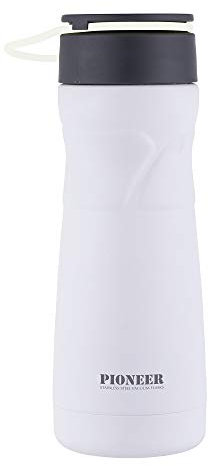 Pioneer STD450W Vacuum Insulated Stainless Steel Double Walled Drink Pod Flask with Rubber Handle and Strainer Hot and Cold for up to 8 Hours 100% Leak Proof 0.45 L – White