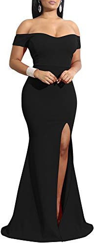 YMDUCH Women's Off Shoulder High Split Long Formal Party Dress Evening Gown, Black, M