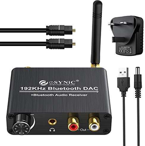 eSynic Convertitore ottico da 192 kHz a RCA da ottico a 3,5 mm Bluetooth 5.0 DAC Convertitore audio digitale ad analogico DAC Ricevitore Bluetooth con controllo del volume L/R Uscita audio per PS3