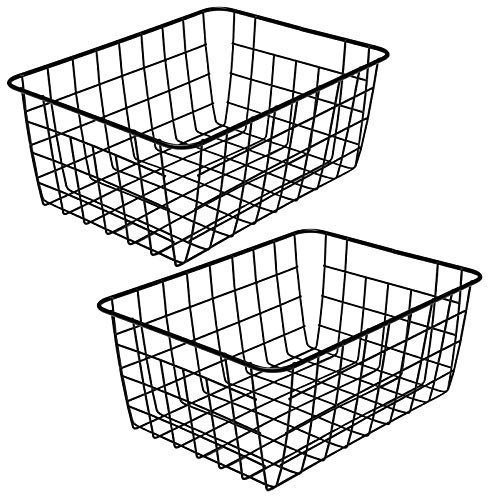 Aeggplant Kitchen Wire Baskets Farmhouse Decor Metal Food Storage Organizer, Household Refrigerator Bin with Built-in Handles for Cabinets,Pantry,Laundry Room,Set of 2 Black