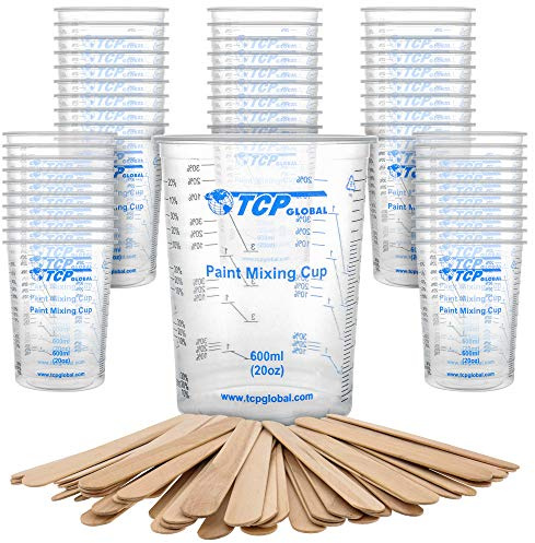 TCP Global 20 oz. (600ml) Graduated Plastic Mixing Cups - Box of 50 with 50 Mixing Sticks - Disposable Plastic Measuring Cups for Liquids, Paints, Resin, Epoxy, Art, Kitchen - Ratios 2-1, 3-1, 4-1 ML