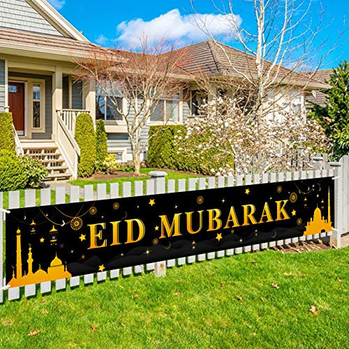 HOWAF Extra Lange Eid Banner für Eid Mubarak Dekoration, Eid Mubarak Stoff Zeichen Poster Hintergrund Banner für Muslim islamische Party Ramadan Deko auf Garten Mauer Tabelle