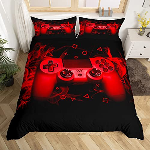 Loussiesd 2-teiliges Gaming-Bettbezug-Set für Einzelspieler, Videospiel, Schmusetuch für Teenager, Jungen, Kinder, geometrisches Dreieck, Bettwäsche-Set, Konsole, Bettbezug, schwarz und rot