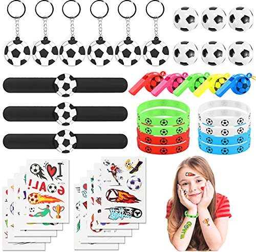 JOYUE 38 Pezzi Calcio Festa Compleanno Regalo, Calcio Elasticizzato Braccialetto Fischietto Calcio Portachiavi Tatuaggi Braccialetti Slap, Imbottitura in Pinata Bambini Compleanno Regalo