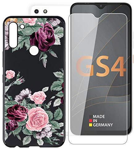 KJYF Hülle Schutzhülle Schwarz Bumper TPU Cover + Schutzfolie für Gigaset GS4 Senior (6.3), Gehärtetem Glasfolie + Silikon Schale Case Handyhülle - Rote Rose