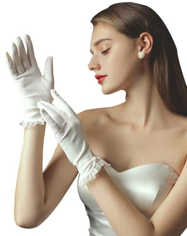 Hoseirty Kurze Satin-Handschuhe für Damen, Hochzeitshandschuhe für Braut, Handgelenklänge, Opernparty, dehnbare Handschuhe, Elfenbein 05, Wrist Length