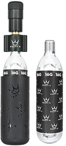 Peaty's Holeshot CO2 Tyre Inflator Kit 16g - Premium Unique Compact Straight-Line Design for Maximum Airflow & Rapid Inflation, 2x16g CO2 & Freeze Protector Sleeve, Road & Gravel Bike (16g) Black