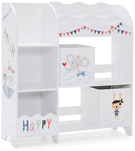 DREAMADE Kinderzimmerregal aus Holz, Spielzeug-Organizer mit 5 Ablagefächern und 2 abnehmbaren Stoffboxen, Bücherregal für Kinder (Tier-Muster)