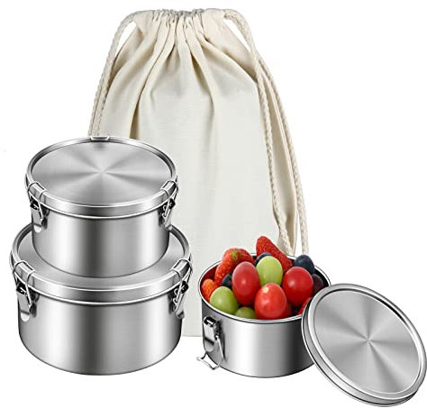 Brotdose Edelstahl,Runden lunchbox 3 StückFür Kinder & Erwachsene I Bento Box mit Fächern für Arbeit, Schule & Kindergarten mit Namensgravur (Single, Edelstahl(480/780/1200ML))