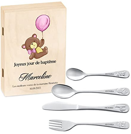 Maverton Set de couverts de table personnalisé dans boîte en bois imprimée - couvert bebe - Thème Animal - Cadeau bapteme fille - Pour filles - Cadeau bébé - Coutellerie gravée - NOUNOURS