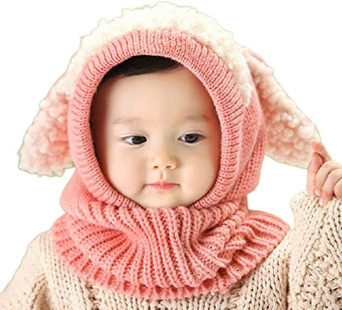 Warm Mütze und Schal Set für Jungen Mädchen 3-6 Jahre, Baby Beanie Mütze Stricken Wintermütze Warm Niedlich Hund Schlupfmütze Kinder Schalmütze Fleecefutter Strickmütze Thermische Kapuzenschal,Rosa