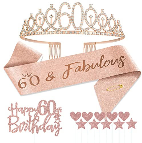 60 Anni Compleanno Corona Fuscia Oro Rosa Compleanno Crown Coroncina Diadema Fusciacca Cake Topper Decorazioni Regalo di Compleanno Donna