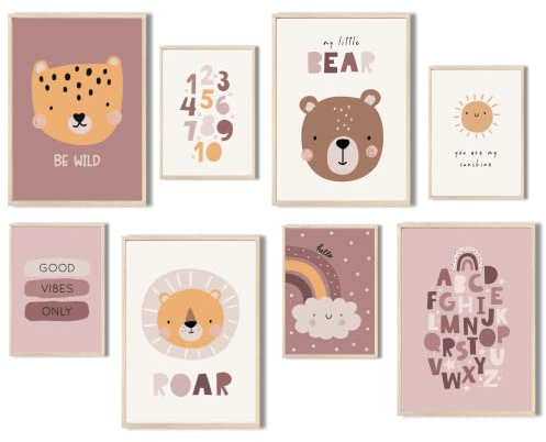 MeinBaby123® Poster Kinderzimmer | 8er Set DIN A4 & DIN A5 | Wandbilder | Kinderzimmer Poster | Bilder Kinderzimmer | Zahlen ABC Poster | Babyzimmer Deko (Süße Tiere V6 - rosa)