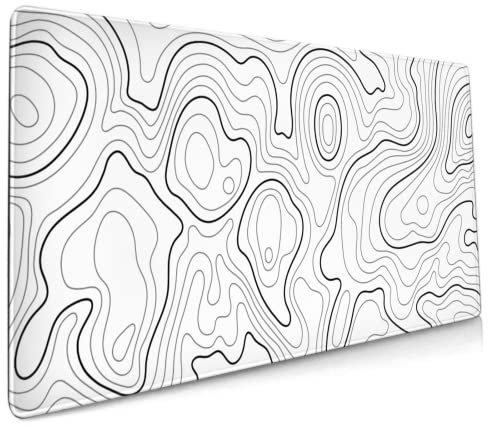 Tapis de souris de jeu avec contour topographique blanc, 80 x 40 cm, taille XXL, lignes de carte géographique, grand tapis de clavier antidérapant avec bords cousus pour la maison et le bureau