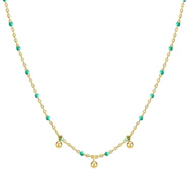 GLANZSTÜCKE MÜNCHEN Damen Kette 925/- Sterling Silber gelbgold | gelbvergoldet 18 Karat, Ankerkette mit Kugeln, Federring, türkis Emaille