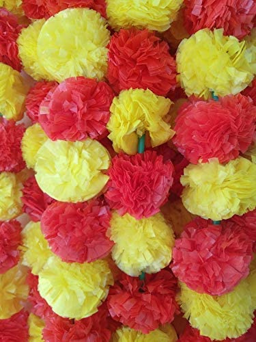 Red & Yellow 5ft Artificial Marigold Flower Garland for Parties Wedding Diwali Mehndi Pooja Festival & Traditional Indian Theme Decoration Home Decoration Photo Prop Backdrops DIY