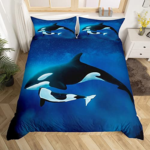 Killer Whale Bettwäsche 135x200 für Kinder Ozean Tier Bett Set,Psychedelic Galaxy Bettbezug Größe Sternenhimmel Bettwäsche Set,Schwarz Und Weiß Fisch Bettwäsche Navy Meer Thema Schlafzimmer Dekor