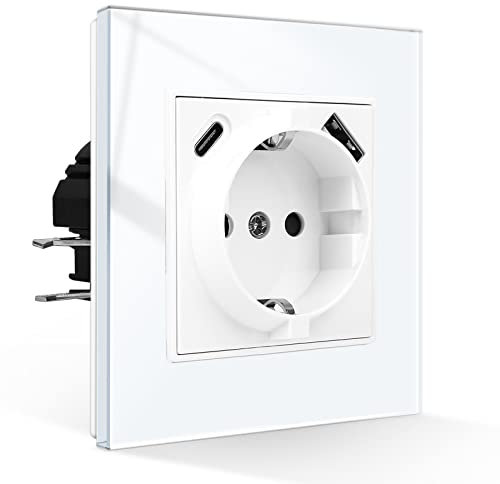 CNBINGO Schuko Steckdose mit USB Anschluss, USB-A und Typ-C Port Max.2,1 Amp total, Unterputz Steckdose mit Krallen, Schutzkontakt Wandsteckdose mit Glasrahmen in Weiß, 1-Fach