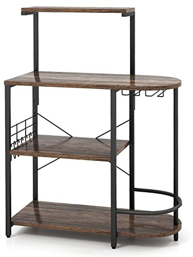 GiantexUK 4-Tier Kitchen Baker's Rack, Industrial Microwave Stand with 6 Removable Hooks & Glass Holders, Metal Frame Utility Storage Shelves for Living Room, Dining Room, Rustic Brown