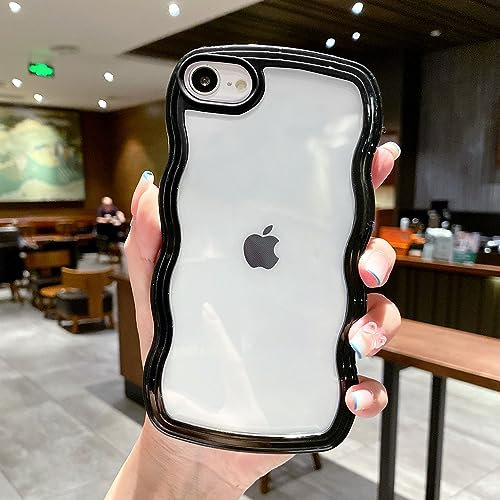 QLTYPRI Kompatibel mit iPhone 7/iPhone 8 Hülle, Transparent Handyhülle Aesthetic Curly Case Frauen Mädchen Girls Süßes Wellen Design Silikon TPU Bumper Schutzhülle - Schwarz