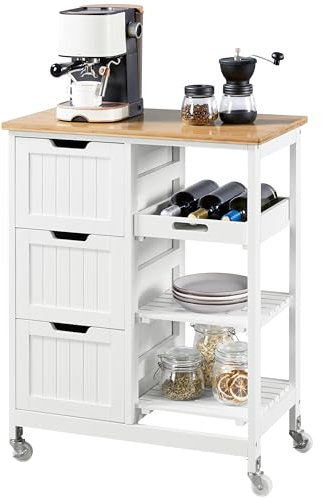 Yaheetech Desserte à roulettes avec 3 Tiroirs Étagères Plan de Travail Îlot Central en Bois Moderne Desserte de Cuisine Salon Balcon Bar Jardin 67×37×84,5cm Blanc